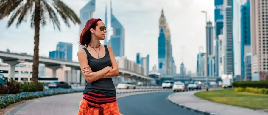 Serene individual with Dubai backdrop